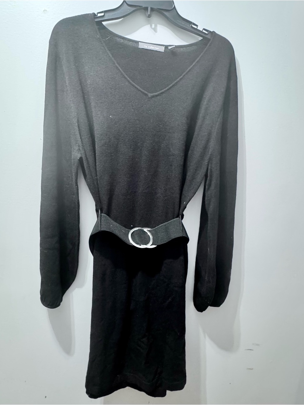 NY Collection Black Belted V-Neck Sweater Dress, Size XL